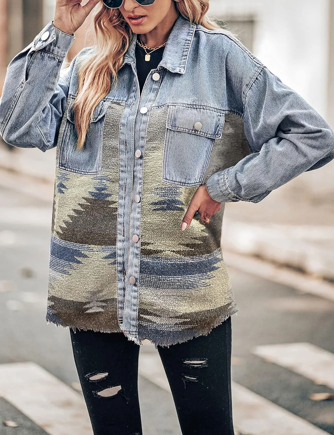 Lumister Women's Aztec Denim Jacket Distressed Lapel Long Sleeve Vintage Button Down Denim Jacket Shacket
