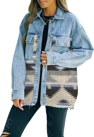 Lumister Women's Aztec Denim Jacket Distressed Lapel Long Sleeve Vintage Button Down Denim Jacket Shacket