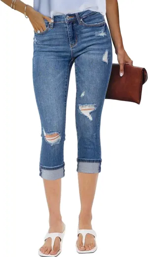 luvamia Capri Jeans for Women Stretch High Waisted Distressed Denim Capris Ripped Skinny Cropped Pants