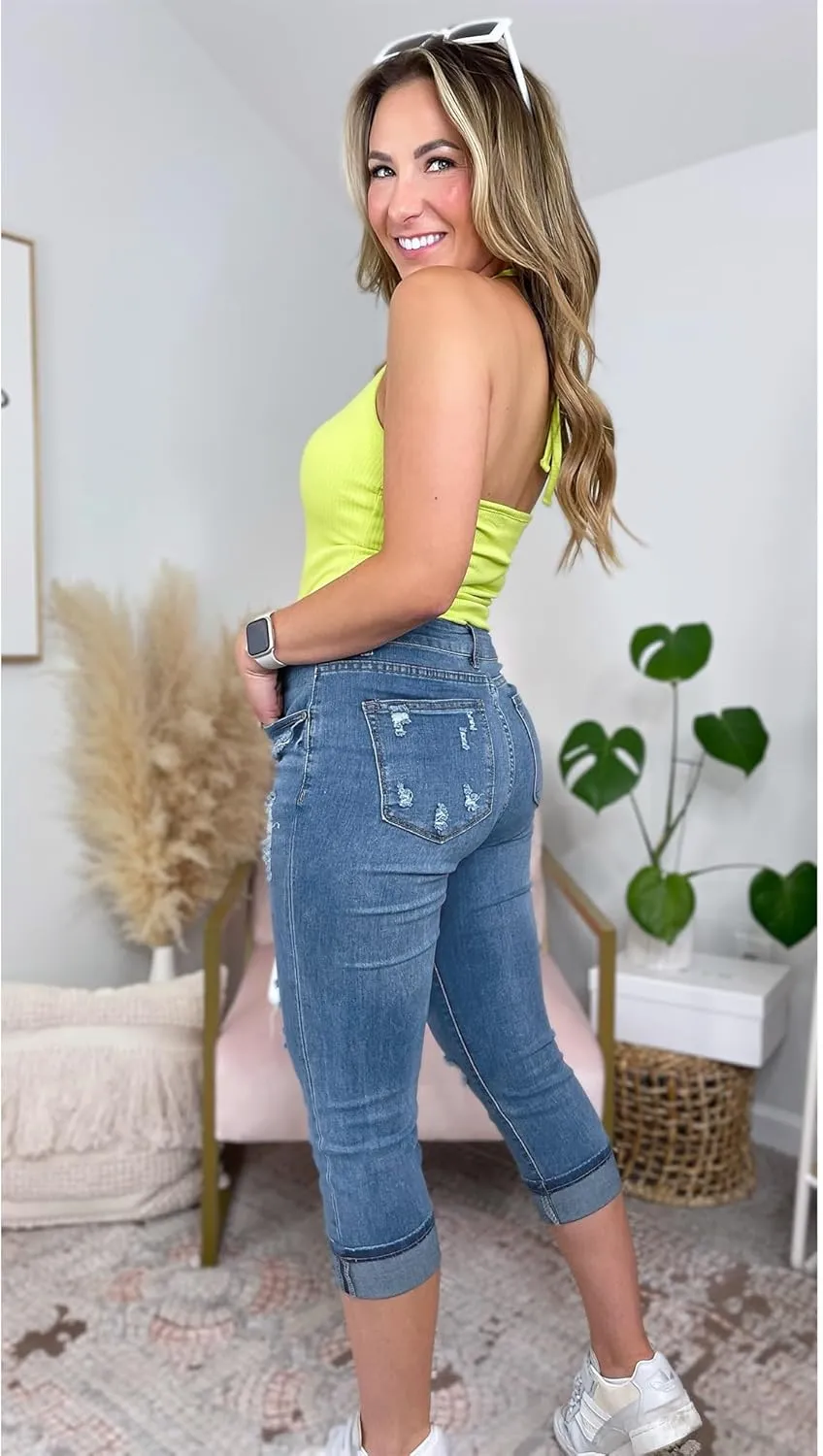 luvamia Capri Jeans for Women Stretch High Waisted Distressed Denim Capris Ripped Skinny Cropped Pants