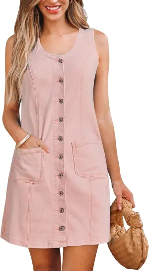 luvamia Denim Dresses for Women Sleeveless Stretchy Jean Summer Casual Western Short Button Down Dress with Patch Pocket