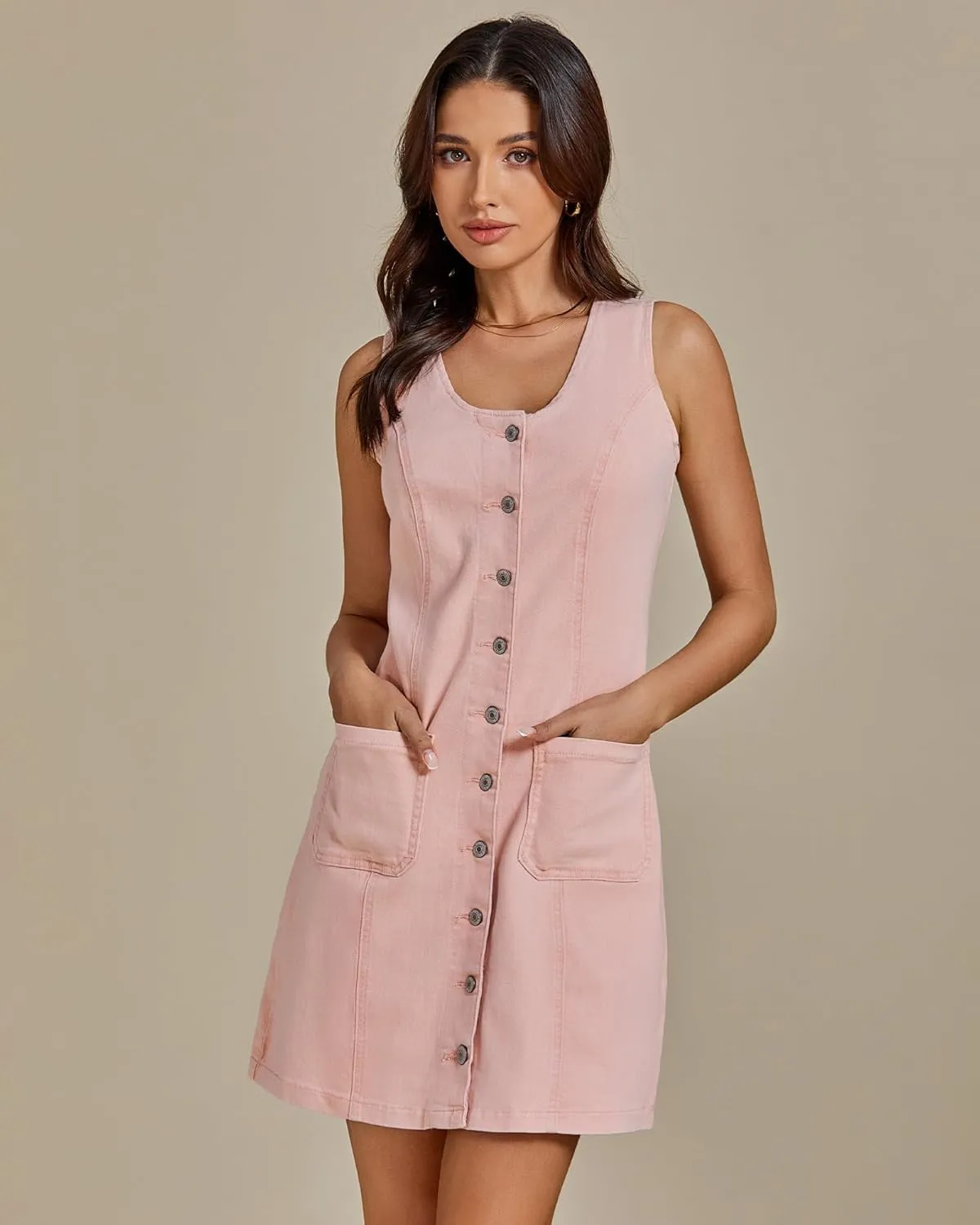 luvamia Denim Dresses for Women Sleeveless Stretchy Jean Summer Casual Western Short Button Down Dress with Patch Pocket