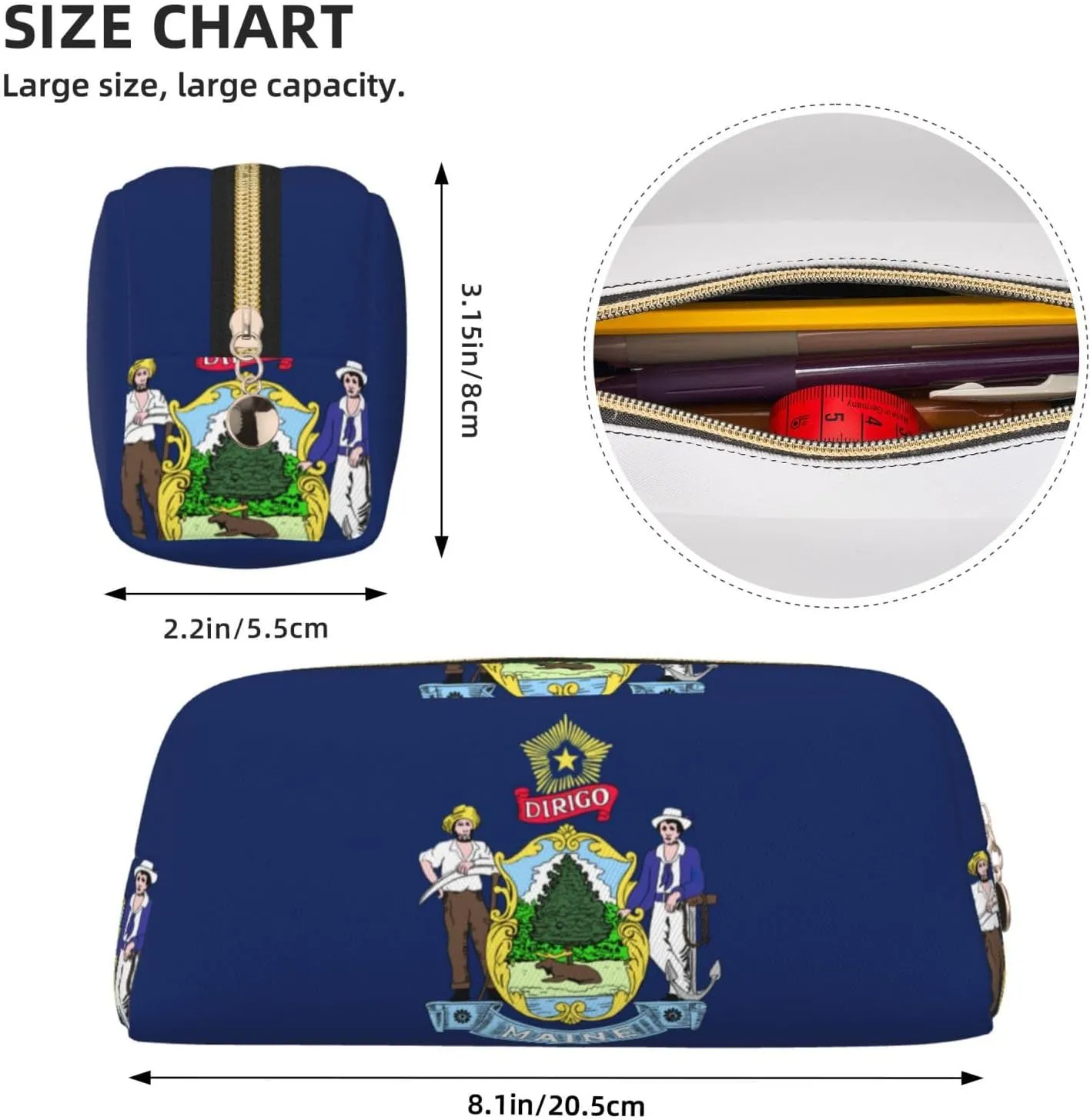 Maine State Flag Print Large Capacity Pencil Case,Pencil Pouch With Zipper, Durable Leather Pen Bag For Office, Travel