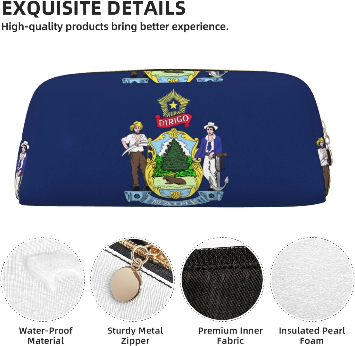 Maine State Flag Print Large Capacity Pencil Case,Pencil Pouch With Zipper, Durable Leather Pen Bag For Office, Travel