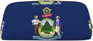 Maine State Flag Print Large Capacity Pencil Case,Pencil Pouch With Zipper, Durable Leather Pen Bag For Office, Travel