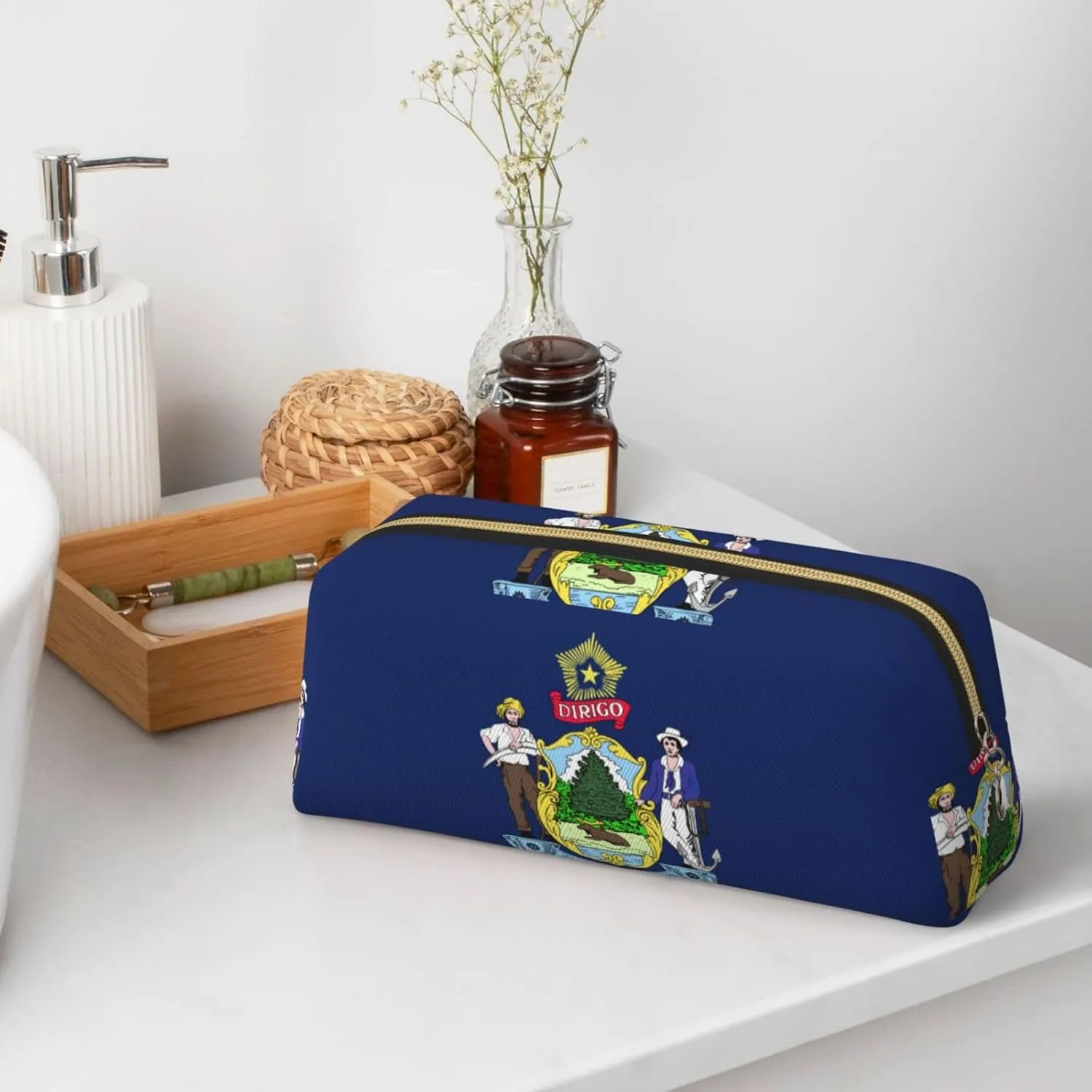 Maine State Flag Print Large Capacity Pencil Case,Pencil Pouch With Zipper, Durable Leather Pen Bag For Office, Travel