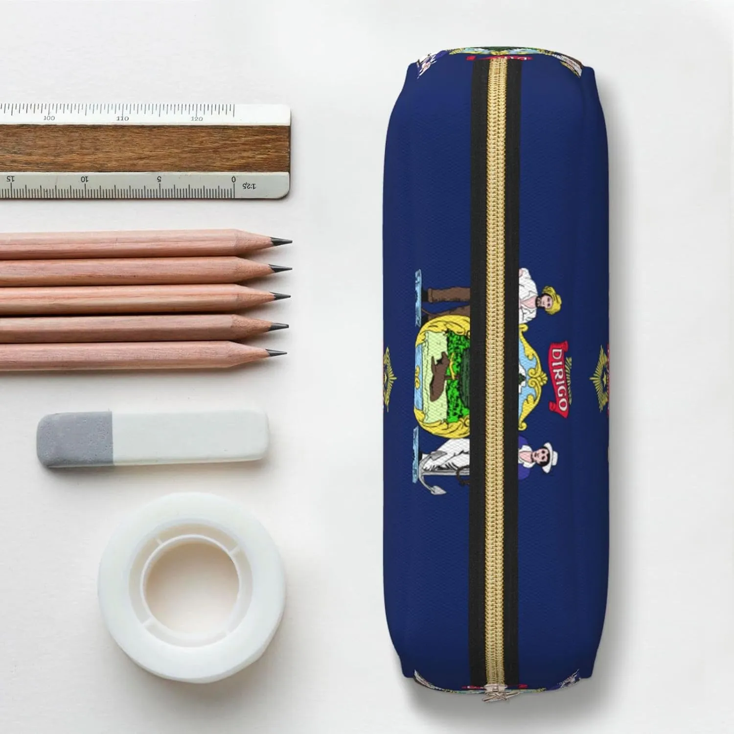 Maine State Flag Print Large Capacity Pencil Case,Pencil Pouch With Zipper, Durable Leather Pen Bag For Office, Travel
