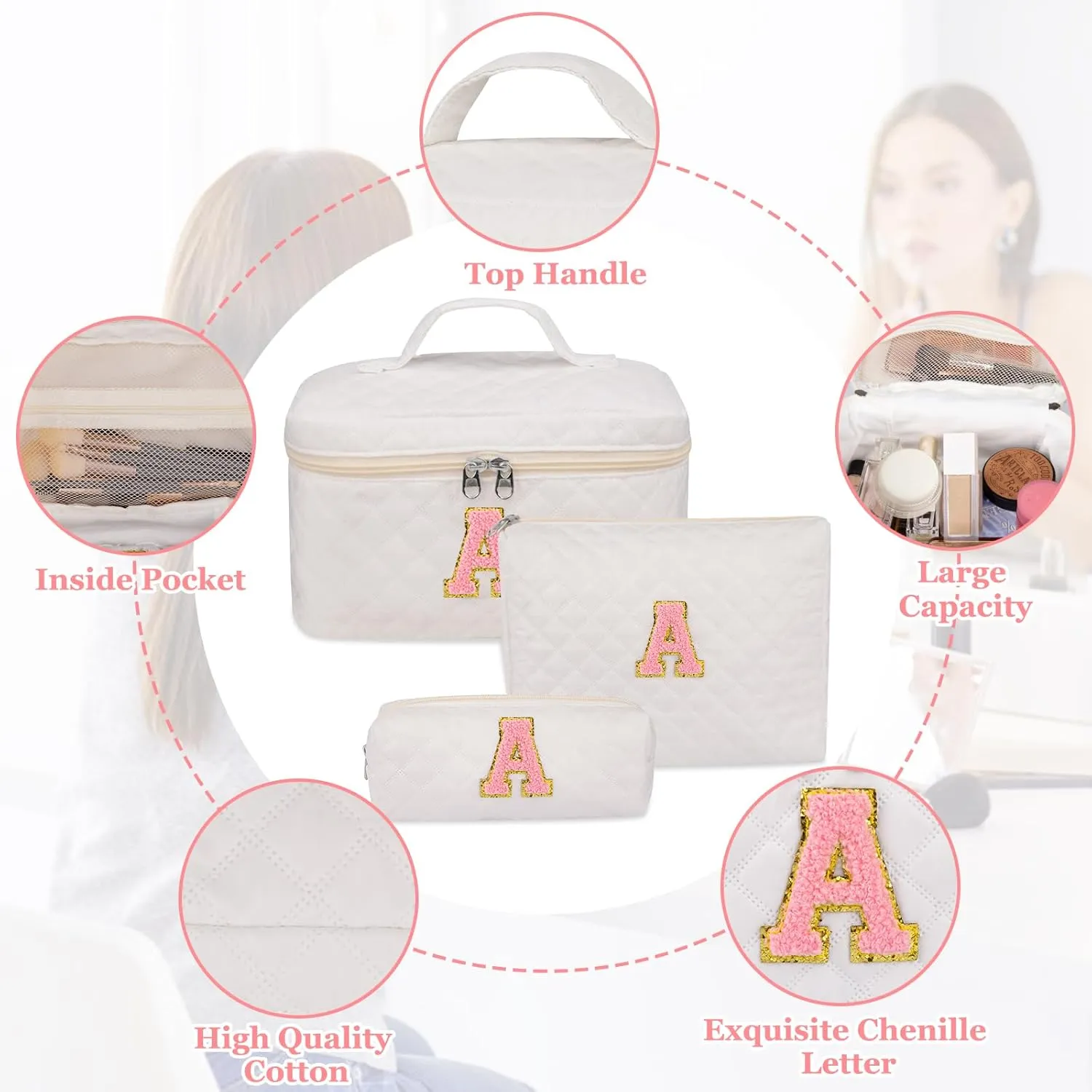Makeup Bag,Quilted Make Up Bag,Large Initial Cosmetic Bag for Women, Cute Cotton Makeup Bags Set, Personalized Travel Toiletry Bag for Teen Girl Friend Sister Wife Girlfriend Gifts A