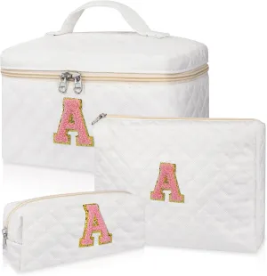 Makeup Bag,Quilted Make Up Bag,Large Initial Cosmetic Bag for Women, Cute Cotton Makeup Bags Set, Personalized Travel Toiletry Bag for Teen Girl Friend Sister Wife Girlfriend Gifts A