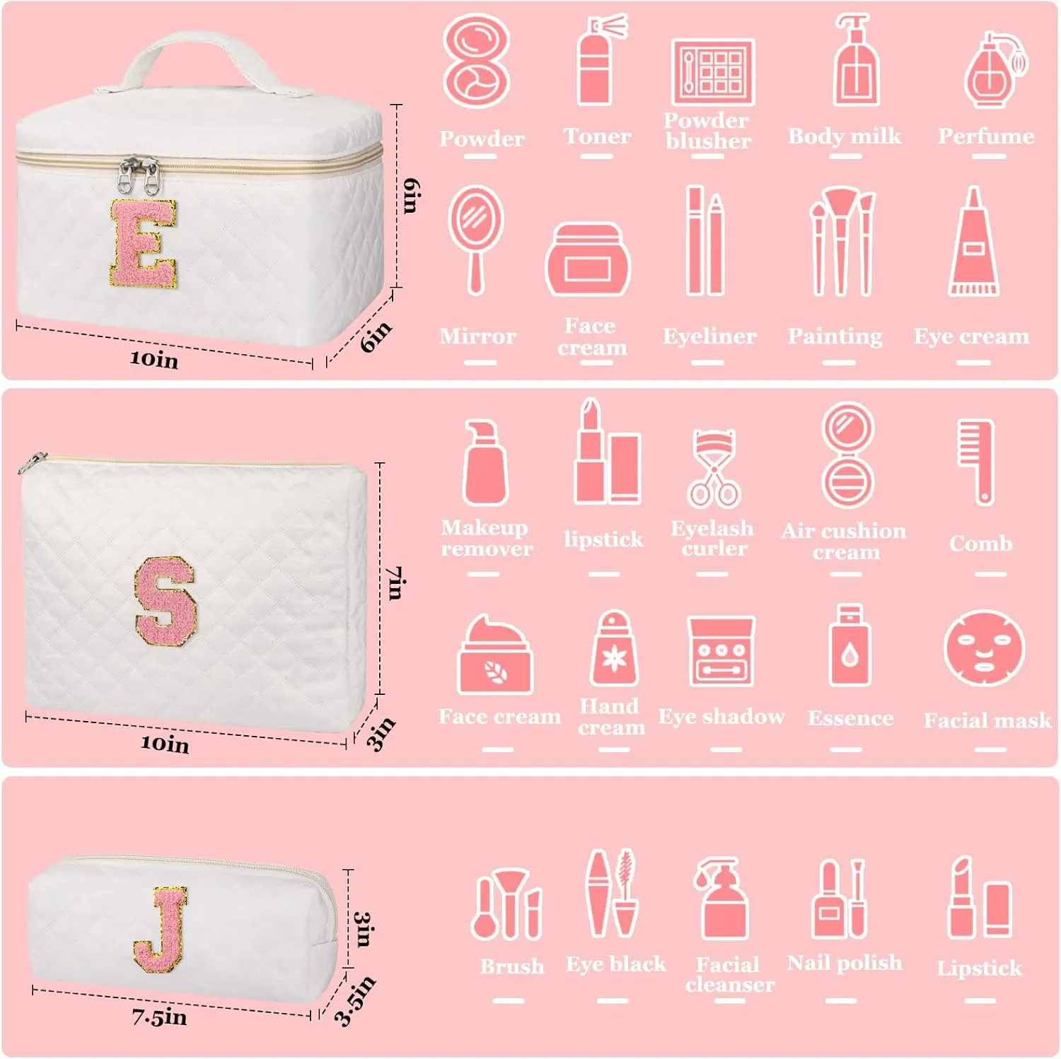 Makeup Bag,Quilted Make Up Bag,Large Initial Cosmetic Bag for Women, Cute Cotton Makeup Bags Set, Personalized Travel Toiletry Bag for Teen Girl Friend Sister Wife Girlfriend Gifts A