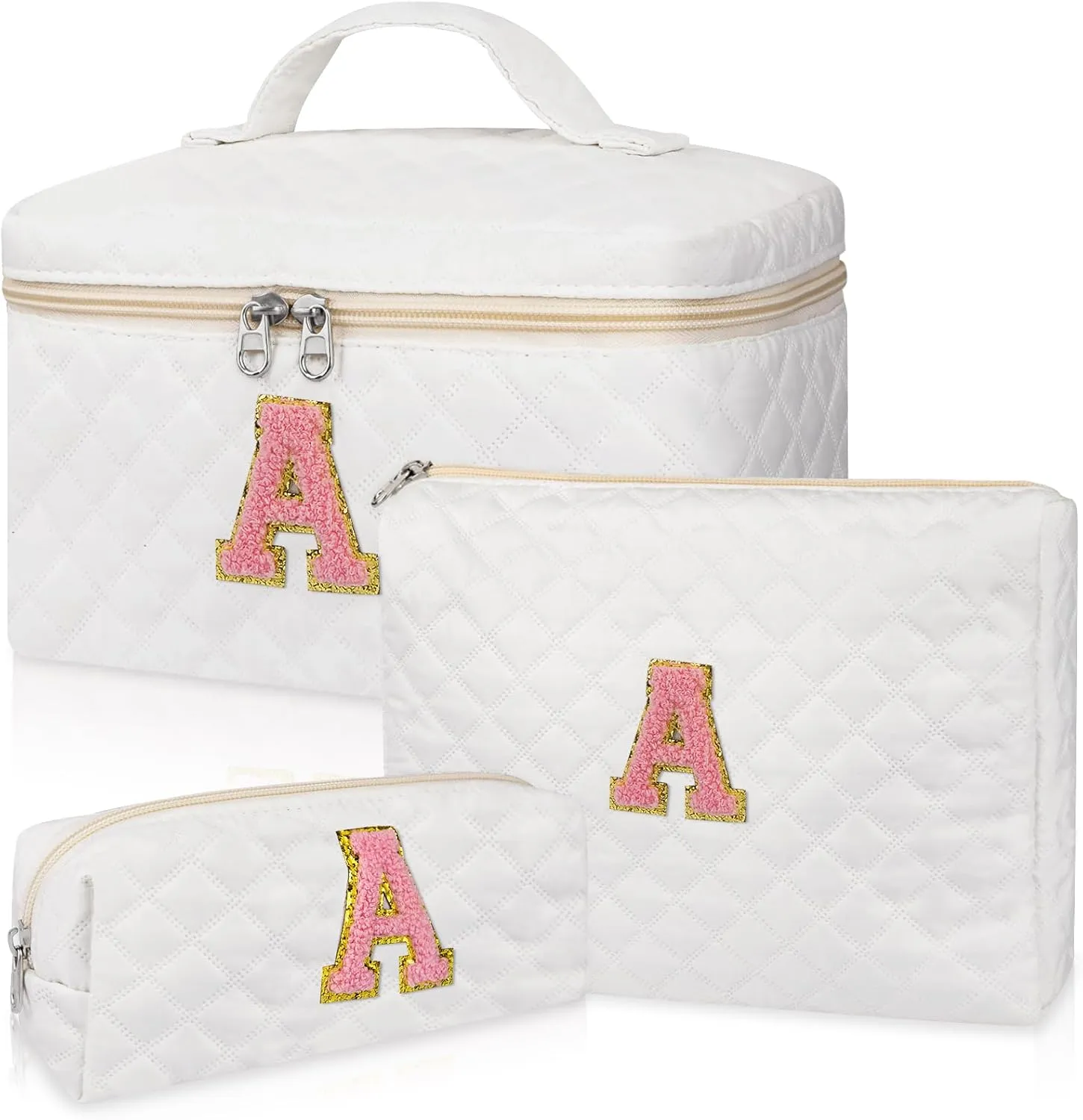 Makeup Bag,Quilted Make Up Bag,Large Initial Cosmetic Bag for Women, Cute Cotton Makeup Bags Set, Personalized Travel Toiletry Bag for Teen Girl Friend Sister Wife Girlfriend Gifts A