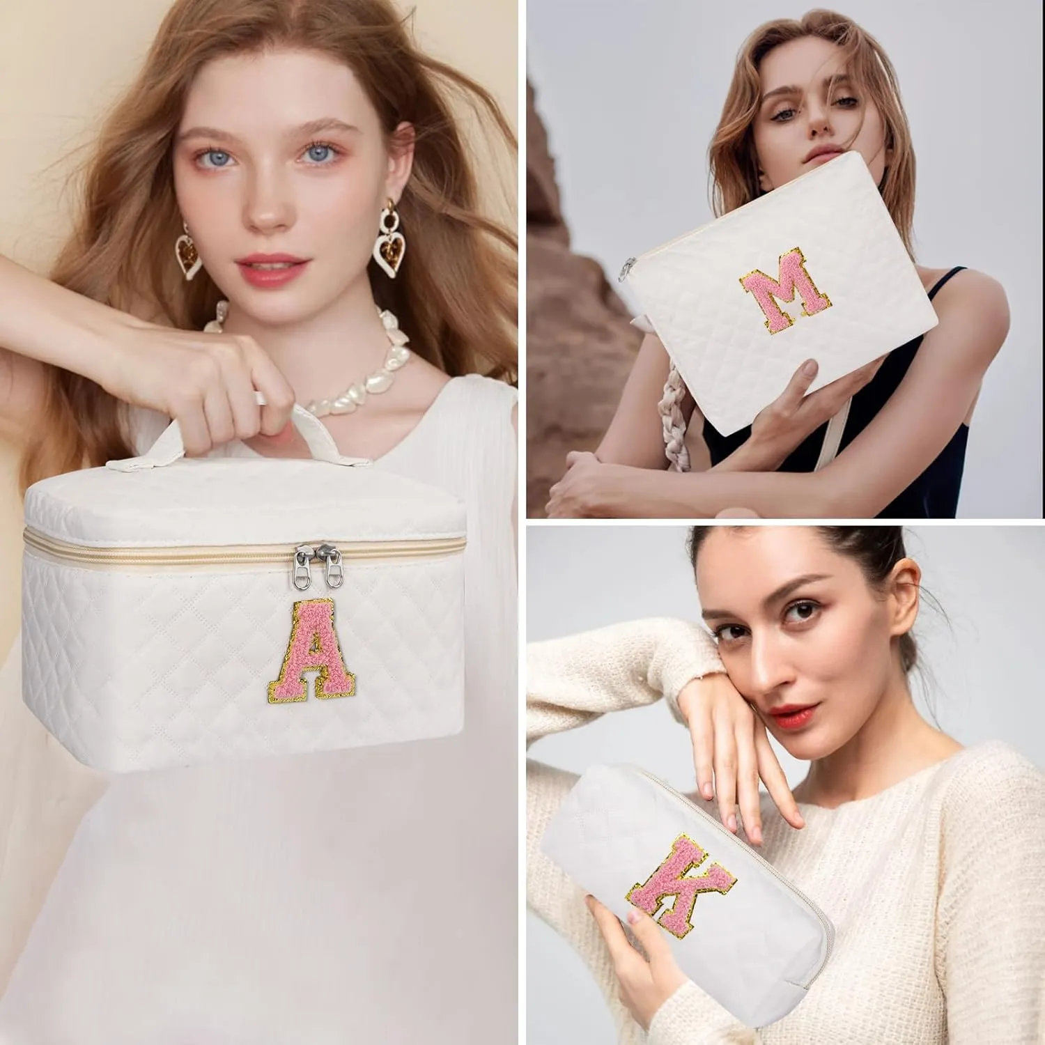 Makeup Bag,Quilted Make Up Bag,Large Initial Cosmetic Bag for Women, Cute Cotton Makeup Bags Set, Personalized Travel Toiletry Bag for Teen Girl Friend Sister Wife Girlfriend Gifts A