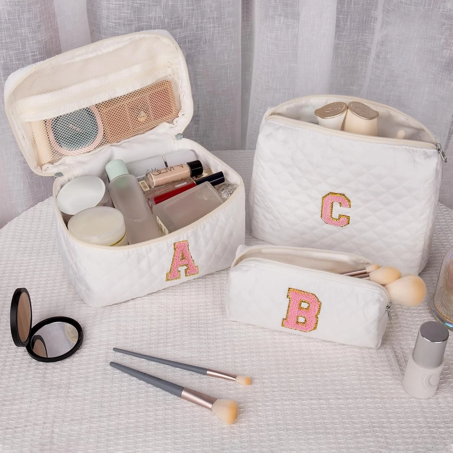 Makeup Bag,Quilted Make Up Bag,Large Initial Cosmetic Bag for Women, Cute Cotton Makeup Bags Set, Personalized Travel Toiletry Bag for Teen Girl Friend Sister Wife Girlfriend Gifts A