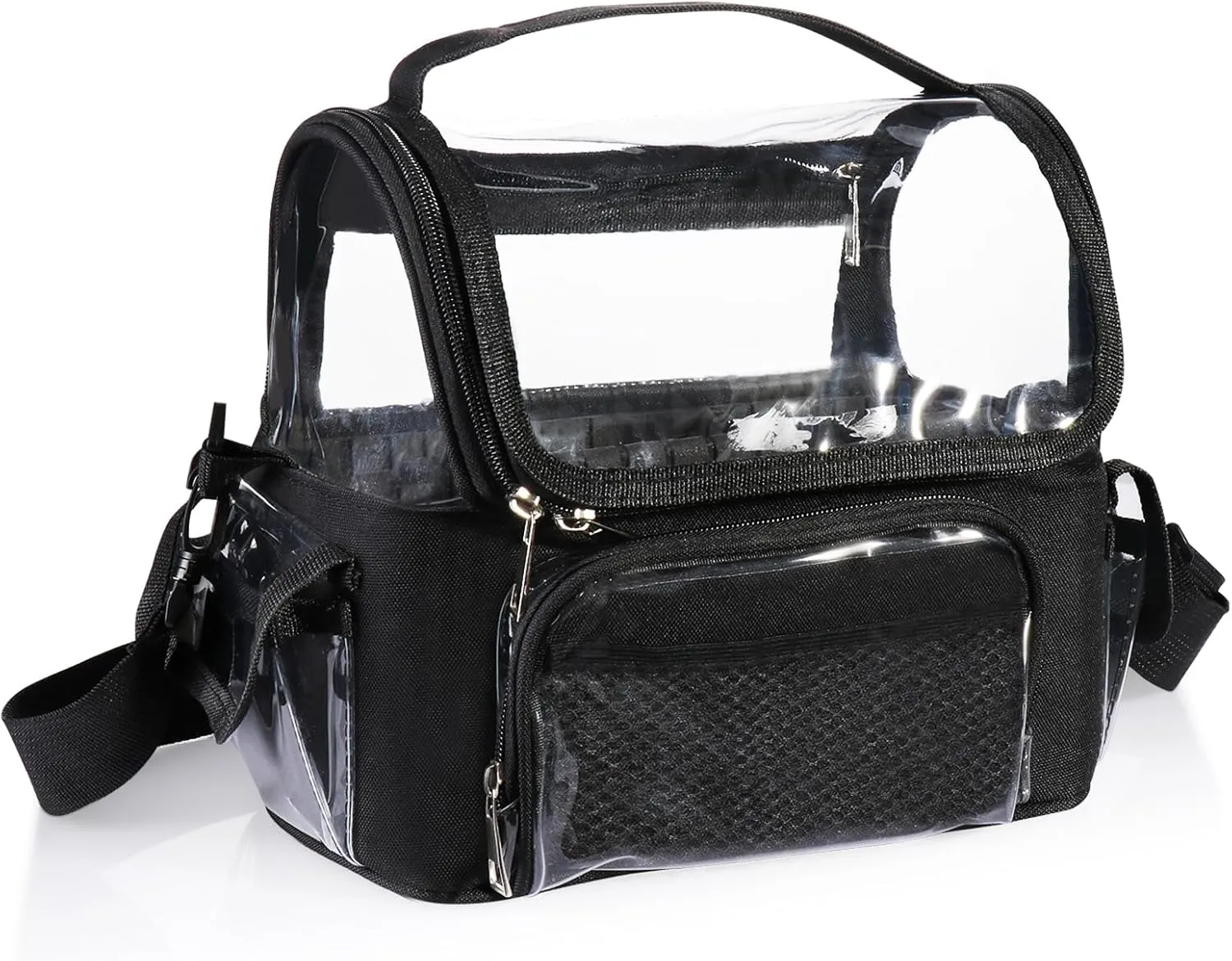 Makeup Brush Bag Travel with Dividers - Stand Up Professional Make Up Artist Kit Case with Adjustable Compartments and Strap, Portable Clear Cosmetic Storage Organizer Holder