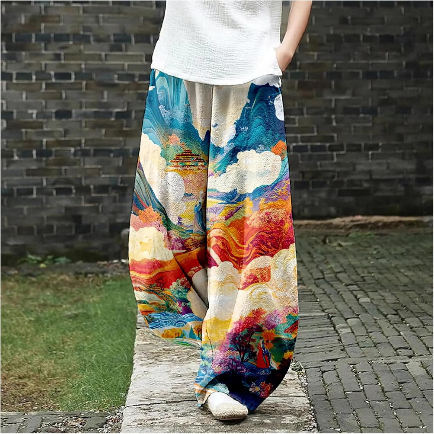 MARSVOVO Baggy Sweatpants for Women Harem Wide Leg Pants Woman Landscape Oil Painting Print Casual Pants with Pockets