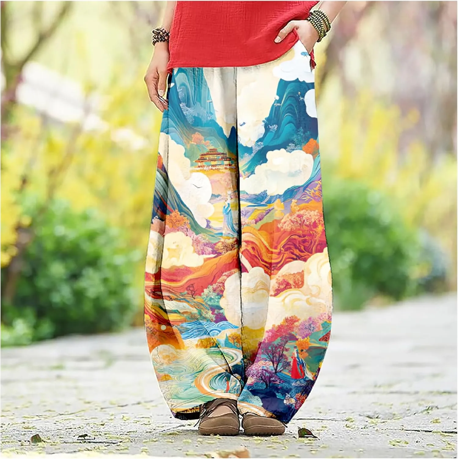 MARSVOVO Baggy Sweatpants for Women Harem Wide Leg Pants Woman Landscape Oil Painting Print Casual Pants with Pockets