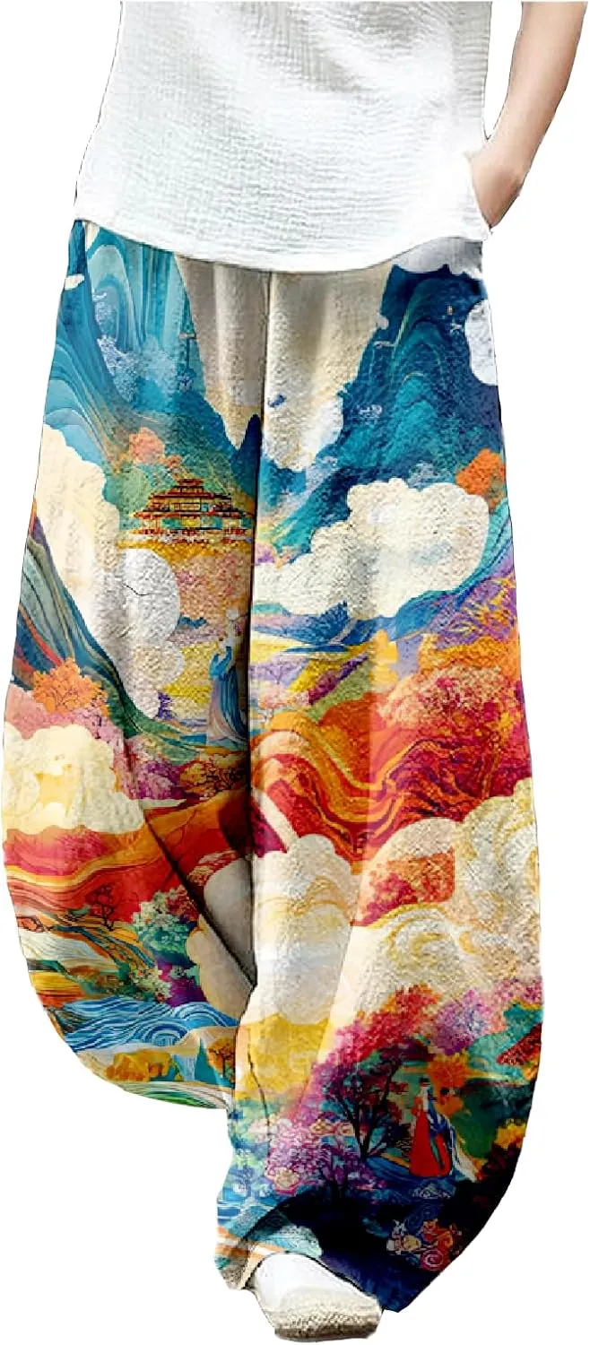 MARSVOVO Baggy Sweatpants for Women Harem Wide Leg Pants Woman Landscape Oil Painting Print Casual Pants with Pockets