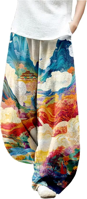 MARSVOVO Baggy Sweatpants for Women Harem Wide Leg Pants Woman Landscape Oil Painting Print Casual Pants with Pockets