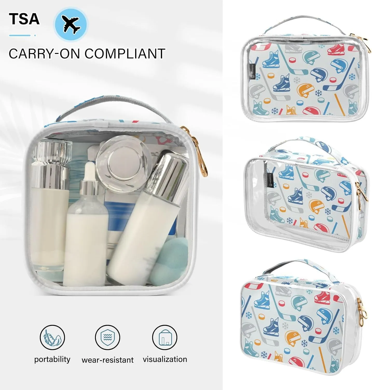 MCHIVER Sports Hockey Transparent Storage Bag Clear Cosmetic Makeup Bag with Handles Toiletry Carry Pouch Organizer Clear Zipper Bags for Toiletries Toilet Cosmetics, Set of 2