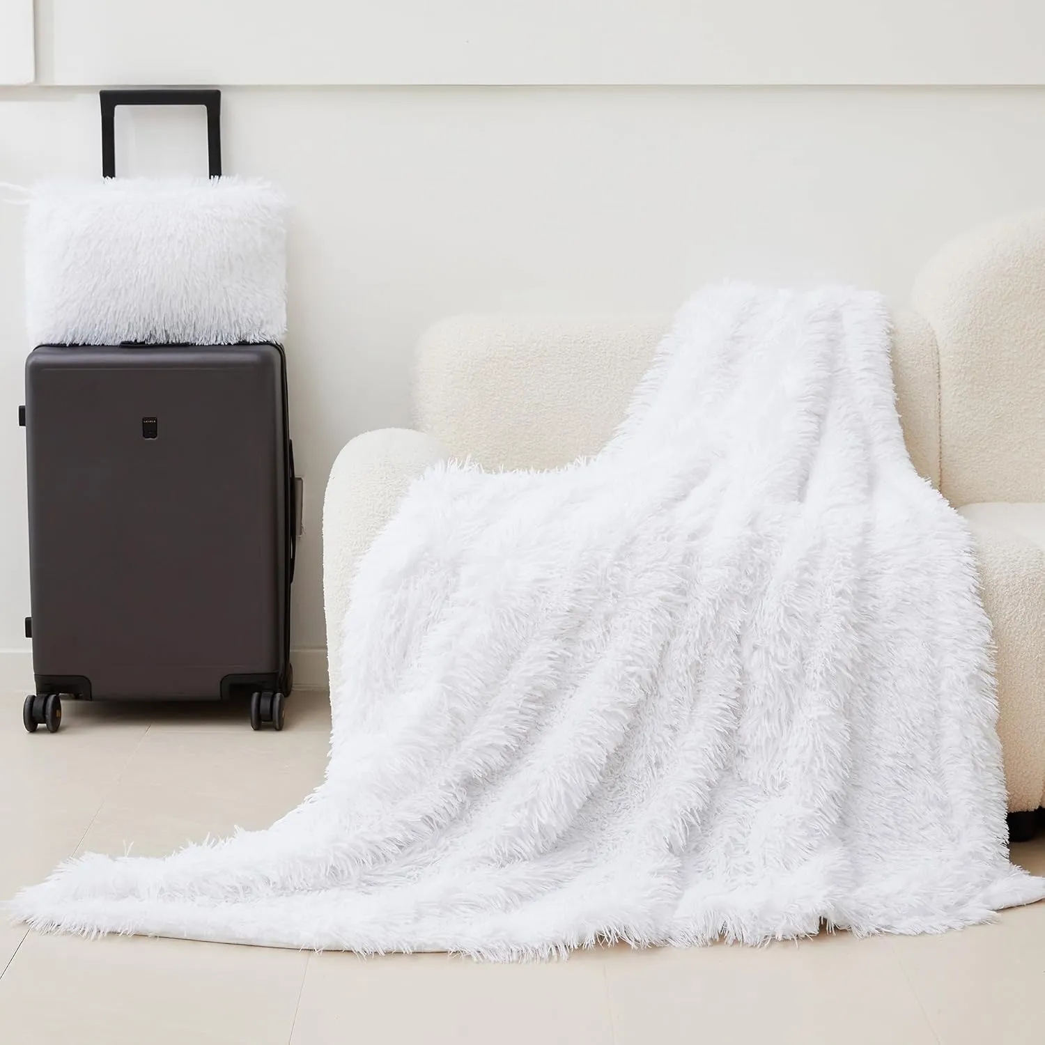 MEGO Fluffy Faux Fur Travel Blanket for Airplane & Car, Soft 2 in 1 Travel Blanket Airplane Compact with Bag, Furry Compact Travel Pillow Blankets with Luggage Sleeve (50 x 60 Inch, White
