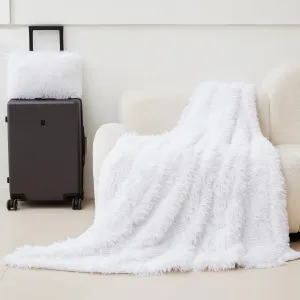 MEGO Fluffy Faux Fur Travel Blanket for Airplane & Car, Soft 2 in 1 Travel Blanket Airplane Compact with Bag, Furry Compact Travel Pillow Blankets with Luggage Sleeve (50 x 60 Inch, White