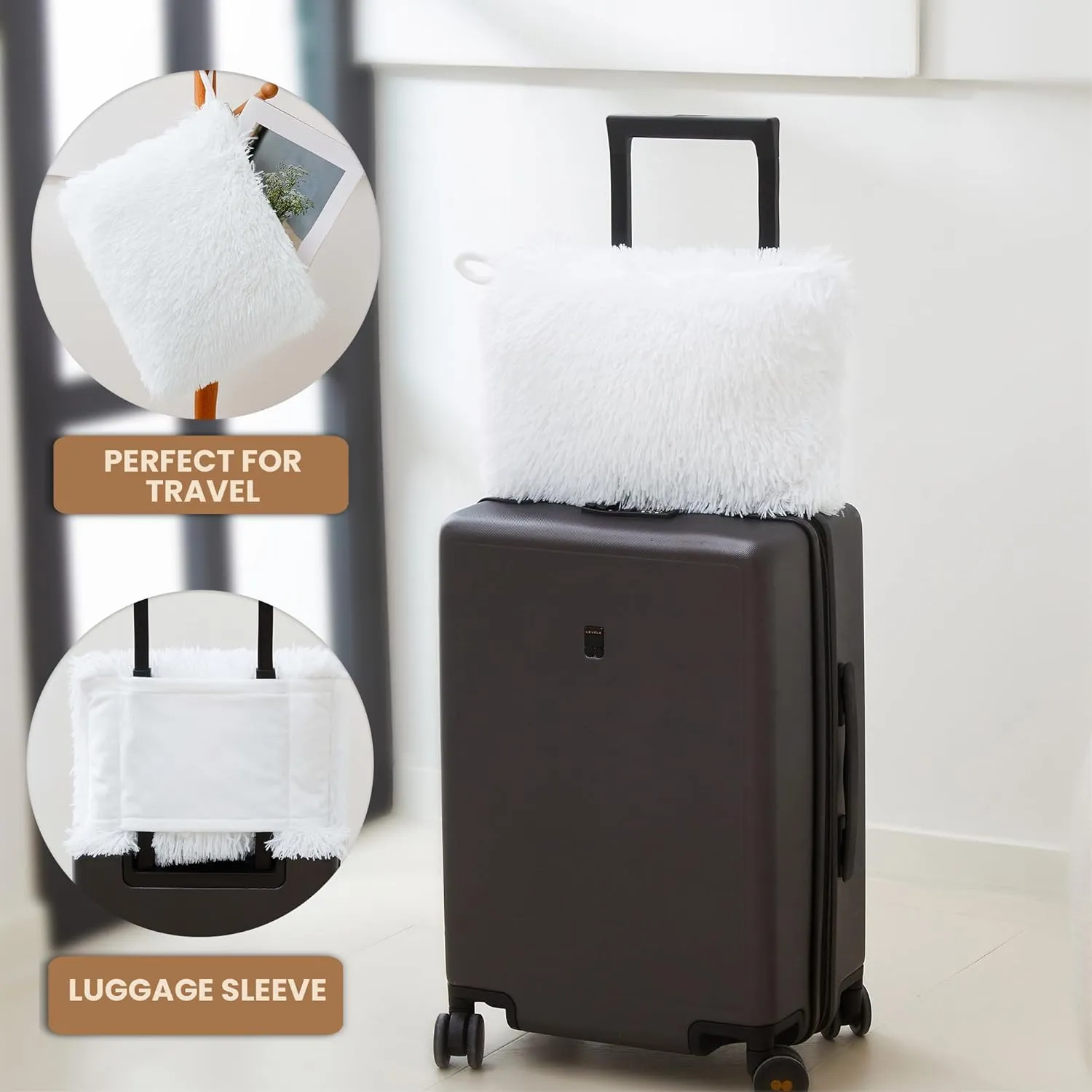 MEGO Fluffy Faux Fur Travel Blanket for Airplane & Car, Soft 2 in 1 Travel Blanket Airplane Compact with Bag, Furry Compact Travel Pillow Blankets with Luggage Sleeve (50 x 60 Inch, White