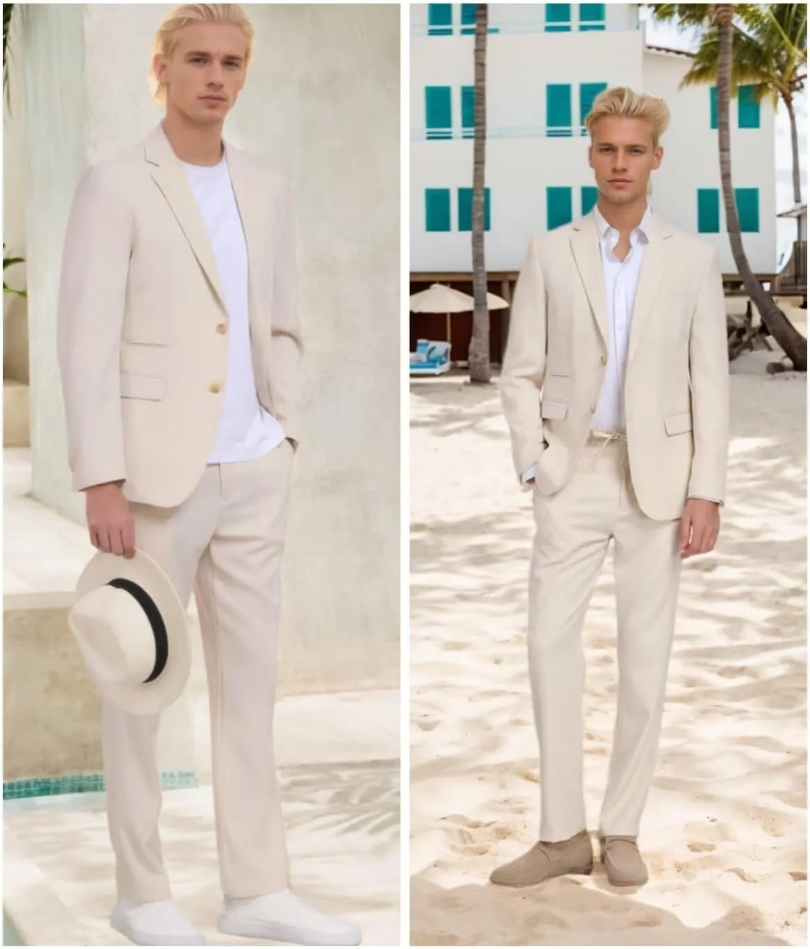 Men Linen Suits 2 Piece Summer Beach Suit Casual Holiday Outfits Lightweight Groomsmen Blazer Pants Set Wedding Prom Tuxedos