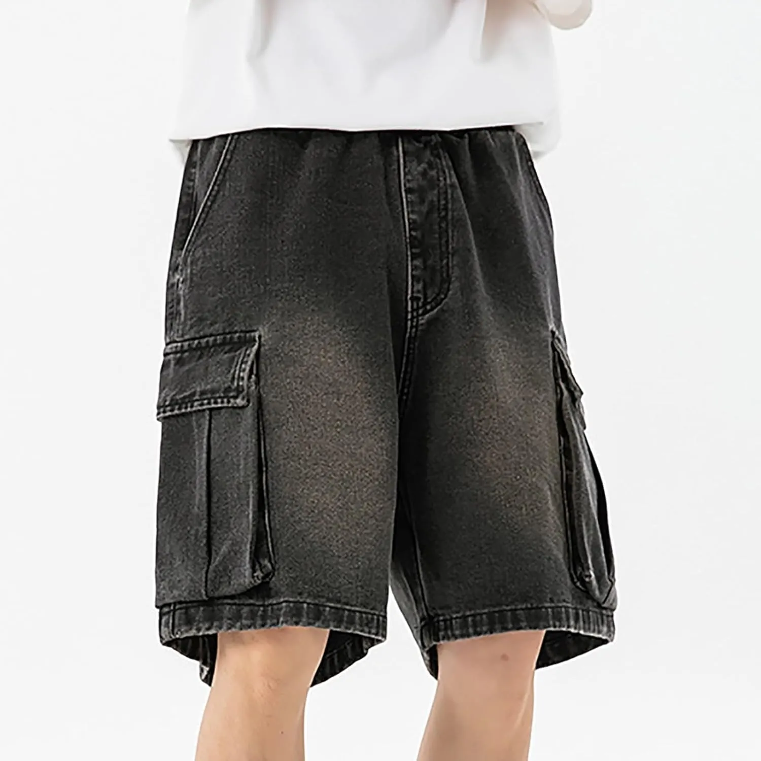 Men Loose Fit Denim Shorts Baggy Casual Summer Wide Leg Mid Jean Jorts Hip Hop Shorts Streetwear with Pockets
