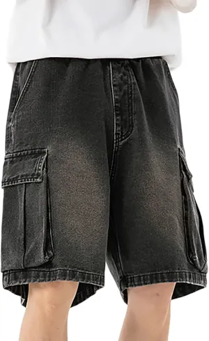 Men Loose Fit Denim Shorts Baggy Casual Summer Wide Leg Mid Jean Jorts Hip Hop Shorts Streetwear with Pockets