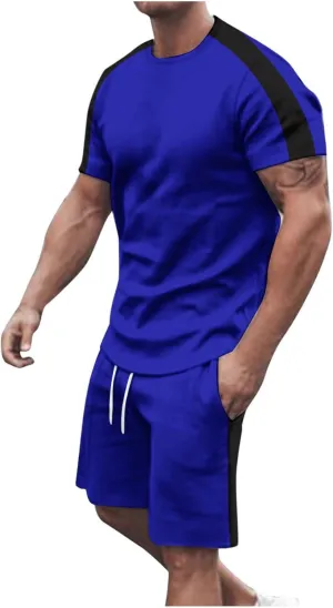 Men's 2 Piece Outfits Short Sleeve T-Shirt and Drawstring Shorts Workout Tracksuit Summer Fashion Color Block Outfits
