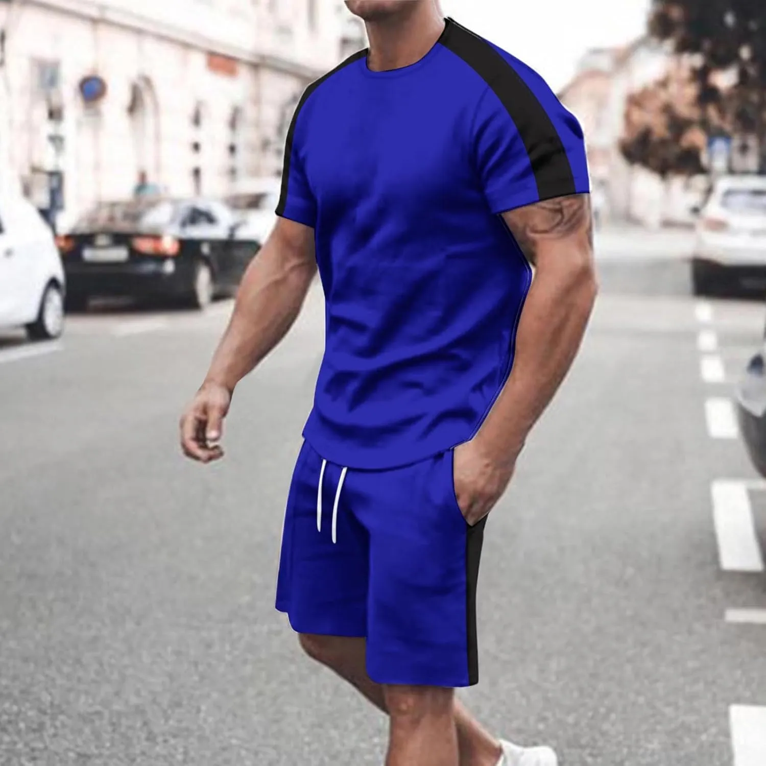 Men's 2 Piece Outfits Short Sleeve T-Shirt and Drawstring Shorts Workout Tracksuit Summer Fashion Color Block Outfits