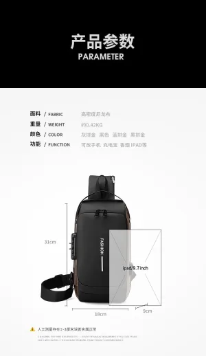 Men's Backpack Multi purpose Waterproof Strap Bag Password Lock Sports Backpack Men's Chest Bag (black)