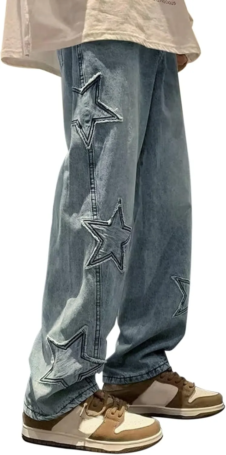 Men's Baggy Jeans Joggers Loose Fit Straight Leg Denim Pants Vintage Relaxed Streetwear Wide Leg Trousers