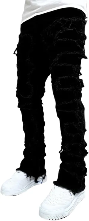 Men's Black Stacked Jeans Ripped Jeans Patch Distressed Destroyed Denim Trousers Streetwear Men Pants Daily Fit