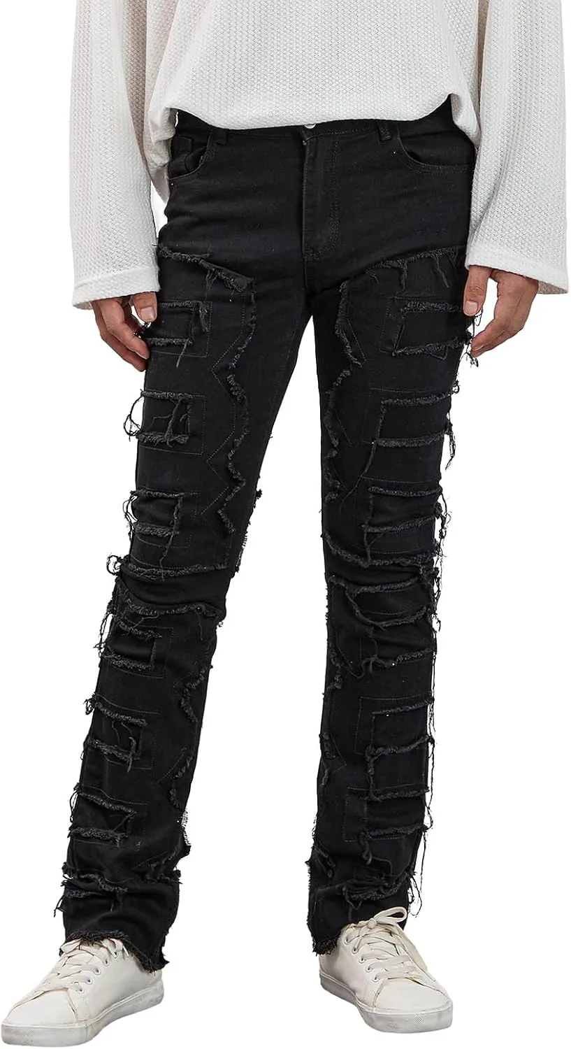 Men's Black Stacked Jeans Ripped Jeans Patch Distressed Destroyed Denim Trousers Streetwear Men Pants Daily Fit