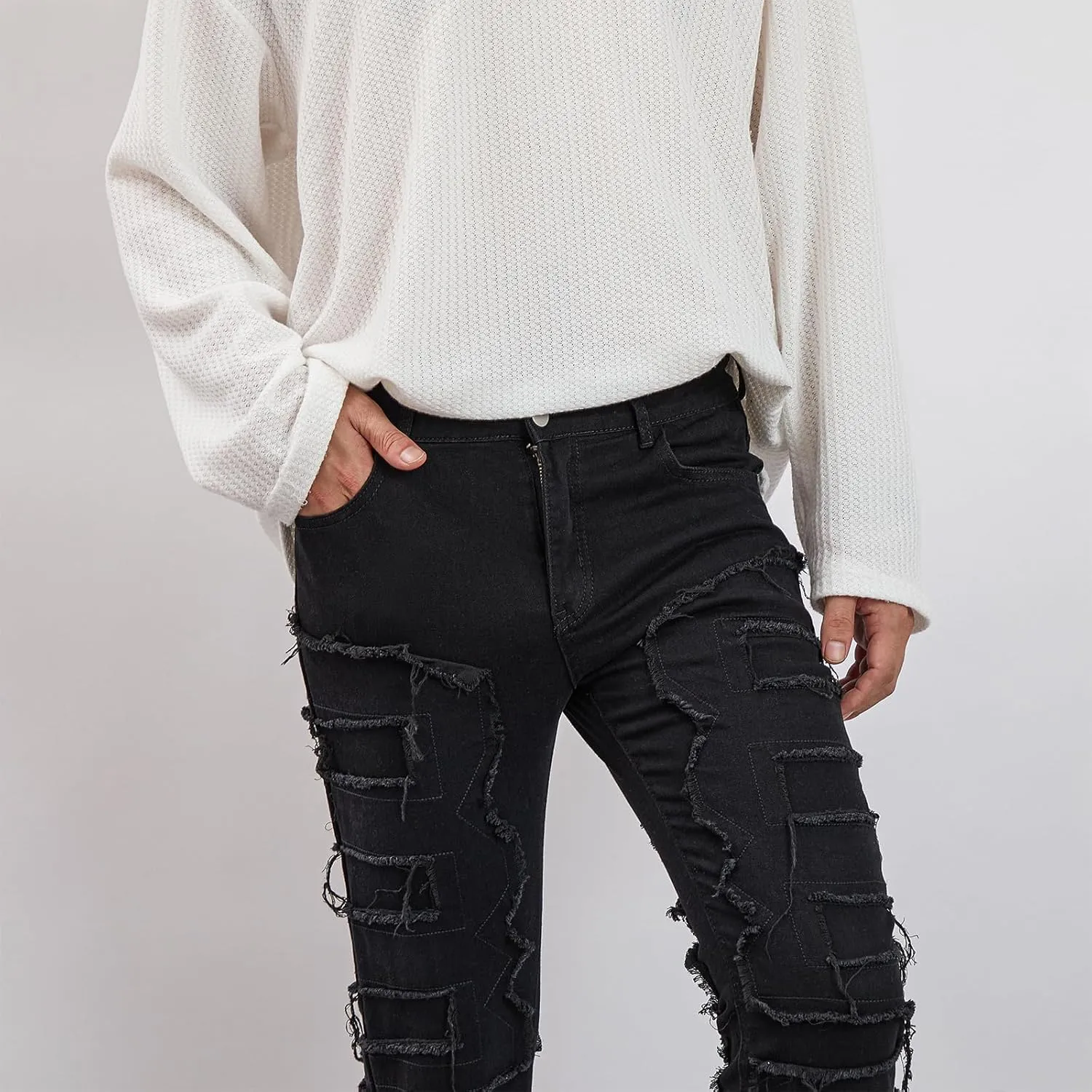 Men's Black Stacked Jeans Ripped Jeans Patch Distressed Destroyed Denim Trousers Streetwear Men Pants Daily Fit