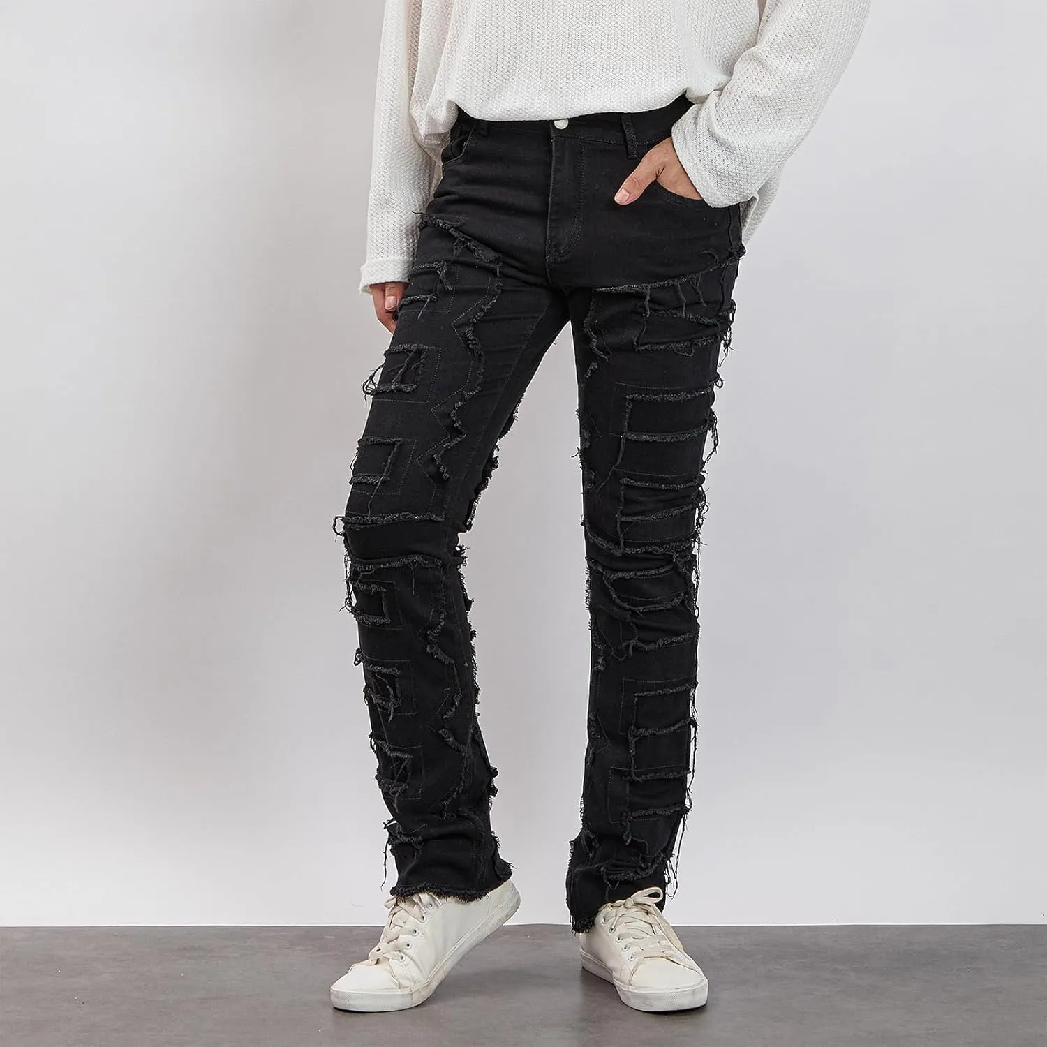 Men's Black Stacked Jeans Ripped Jeans Patch Distressed Destroyed Denim Trousers Streetwear Men Pants Daily Fit