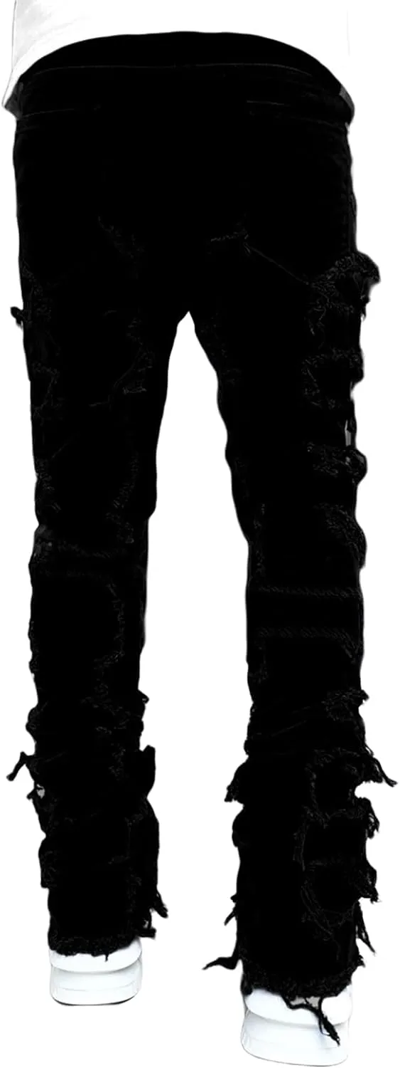 Men's Black Stacked Jeans Ripped Jeans Patch Distressed Destroyed Denim Trousers Streetwear Men Pants Daily Fit