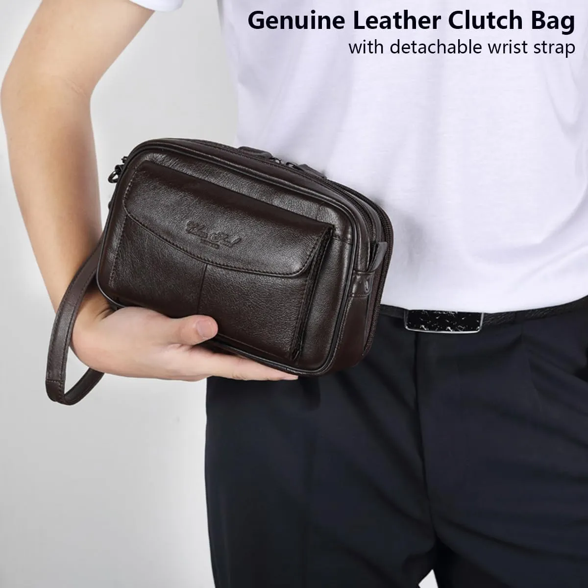 Men's Genuine Leather Clutch Bag Long Wallet, Small Phone Handbag Large Capacity Zipper Travel Pouch Coin Purse