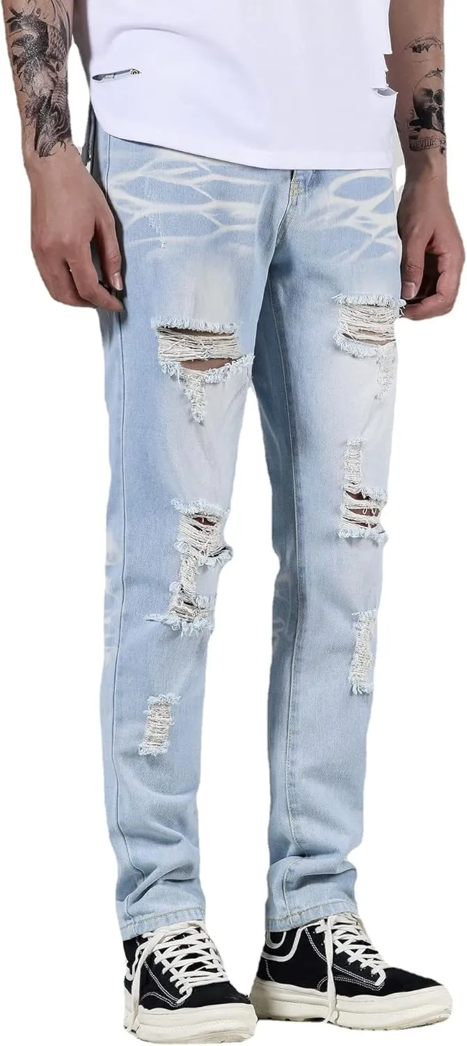 Men's Ripped Distressed Destroyed Straight Fit Washed Denim Jeans Pants