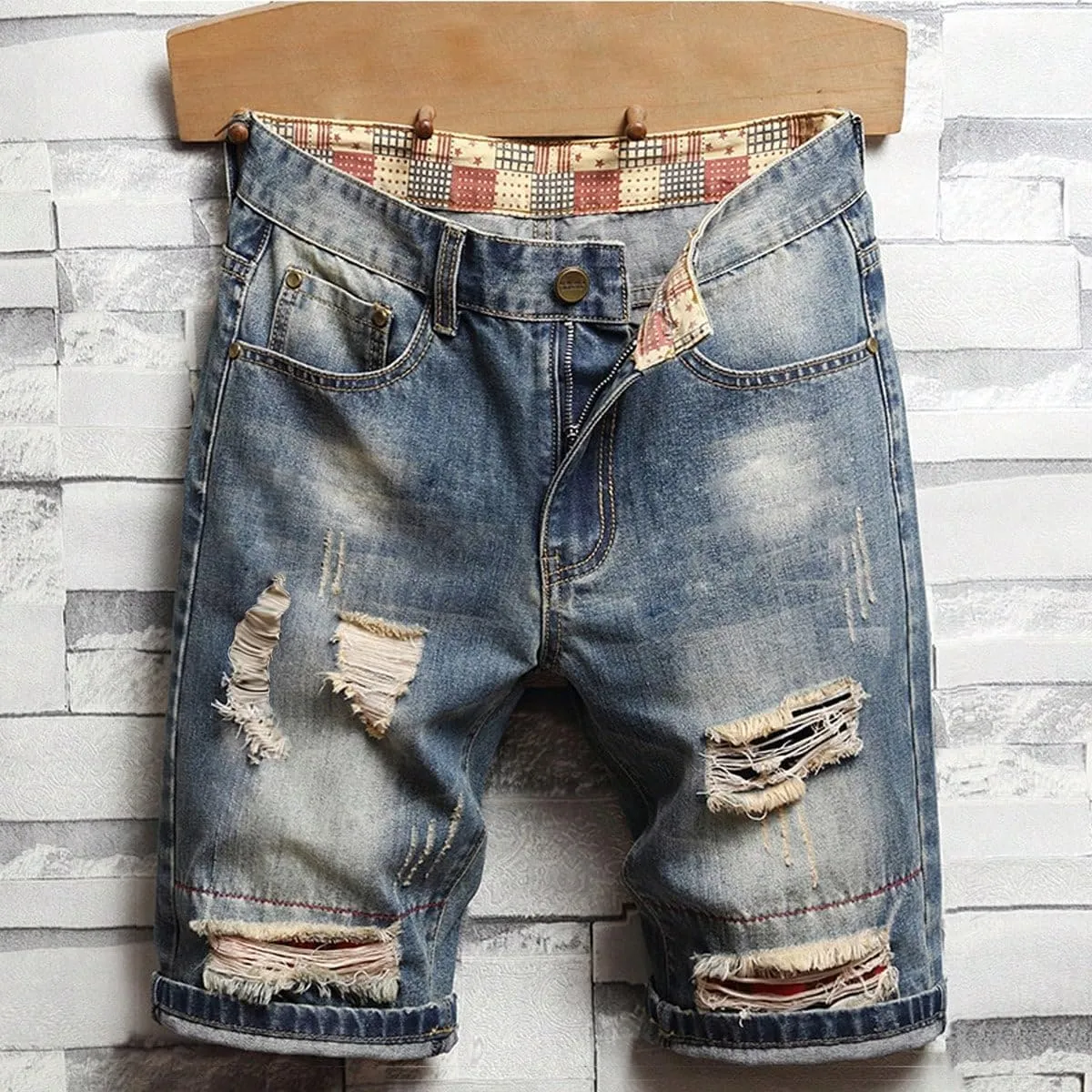 MLANM Men's Denim Shorts Classic Fit Distressed Summer Fashion Ripped Jean Shorts