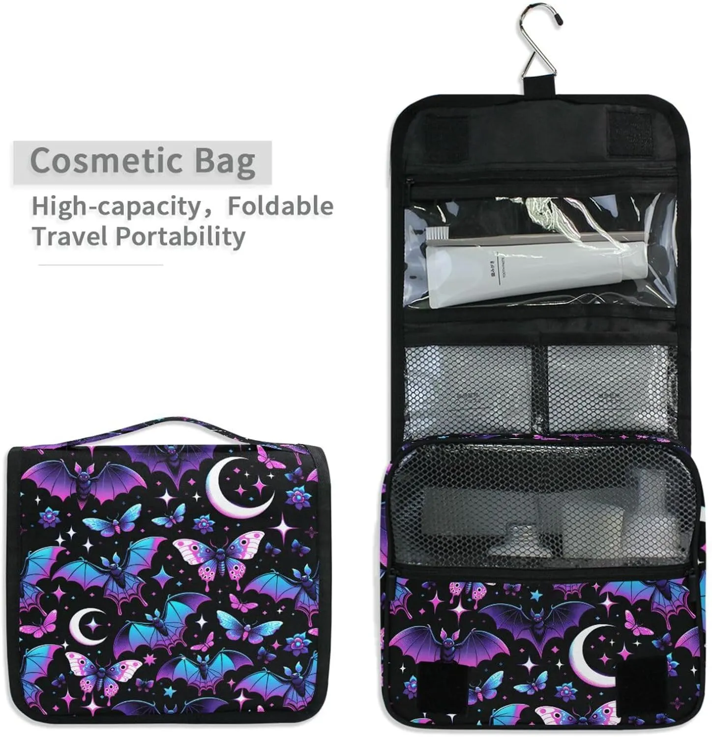 MNSRUU Hanging Toiletry Bag Neon Purple and Bats Stars and Moons Travel Makeup bag for Toiletries Portable Travel Toiletry Organizer Cosmetic Bags with Hanging Hook