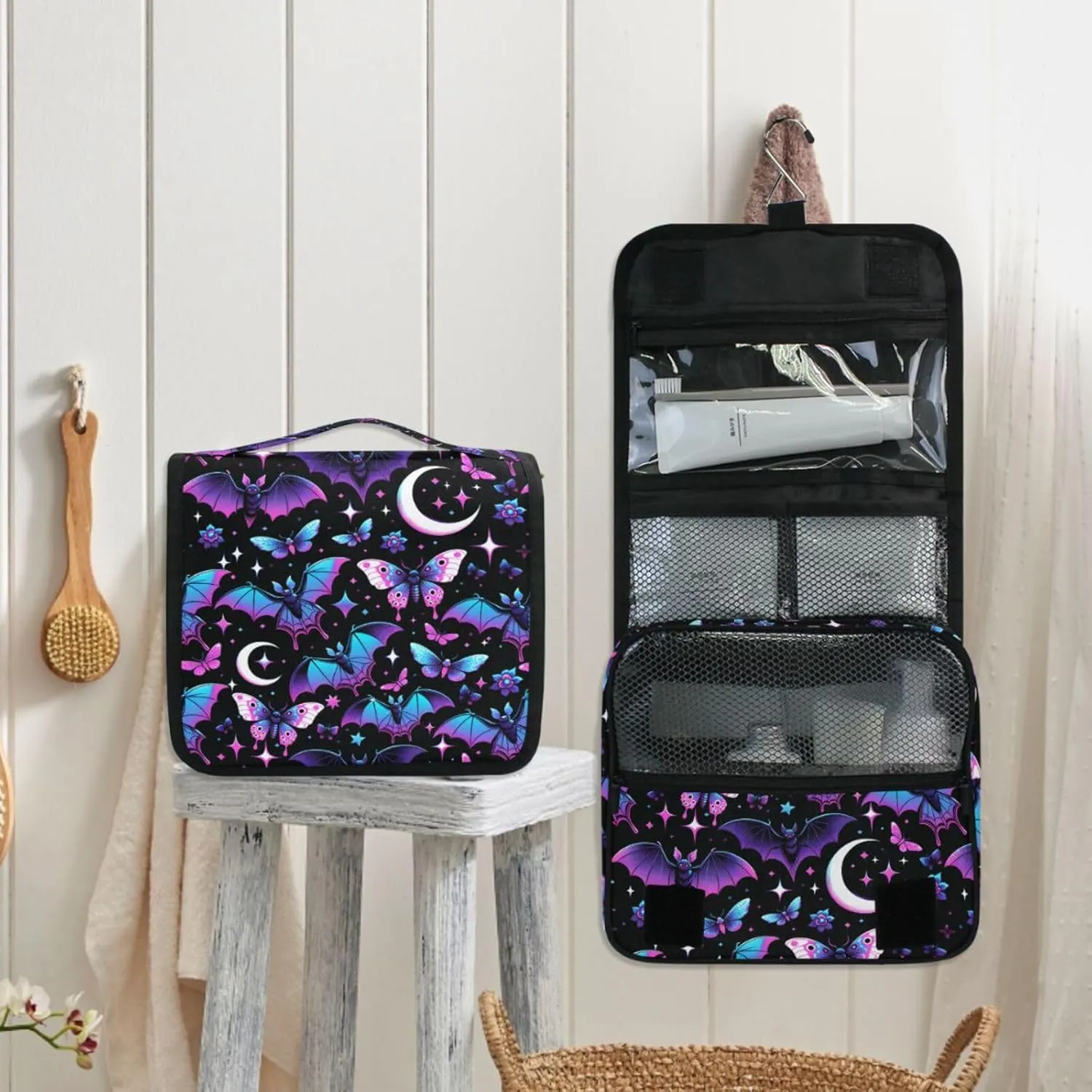 MNSRUU Hanging Toiletry Bag Neon Purple and Bats Stars and Moons Travel Makeup bag for Toiletries Portable Travel Toiletry Organizer Cosmetic Bags with Hanging Hook