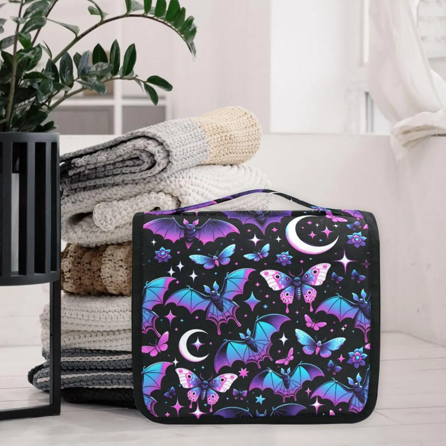 MNSRUU Hanging Toiletry Bag Neon Purple and Bats Stars and Moons Travel Makeup bag for Toiletries Portable Travel Toiletry Organizer Cosmetic Bags with Hanging Hook