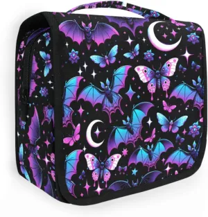 MNSRUU Hanging Toiletry Bag Neon Purple and Bats Stars and Moons Travel Makeup bag for Toiletries Portable Travel Toiletry Organizer Cosmetic Bags with Hanging Hook