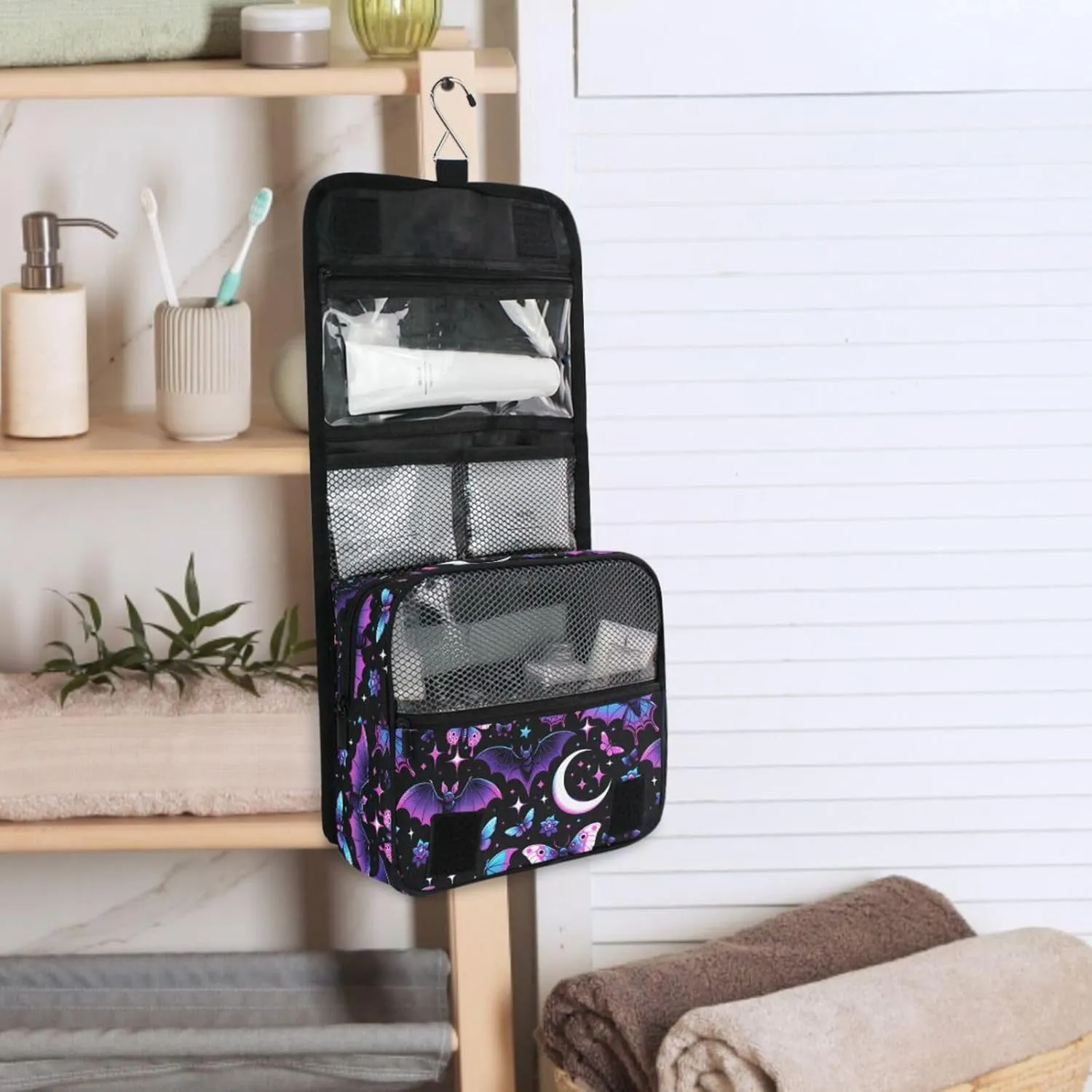 MNSRUU Hanging Toiletry Bag Neon Purple and Bats Stars and Moons Travel Makeup bag for Toiletries Portable Travel Toiletry Organizer Cosmetic Bags with Hanging Hook