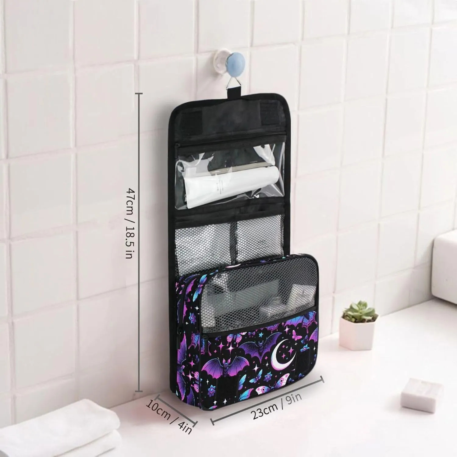 MNSRUU Hanging Toiletry Bag Neon Purple and Bats Stars and Moons Travel Makeup bag for Toiletries Portable Travel Toiletry Organizer Cosmetic Bags with Hanging Hook