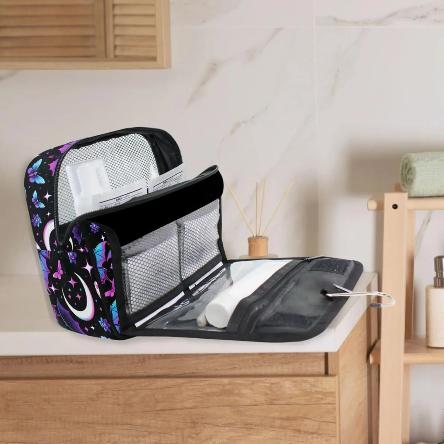 MNSRUU Hanging Toiletry Bag Neon Purple and Bats Stars and Moons Travel Makeup bag for Toiletries Portable Travel Toiletry Organizer Cosmetic Bags with Hanging Hook