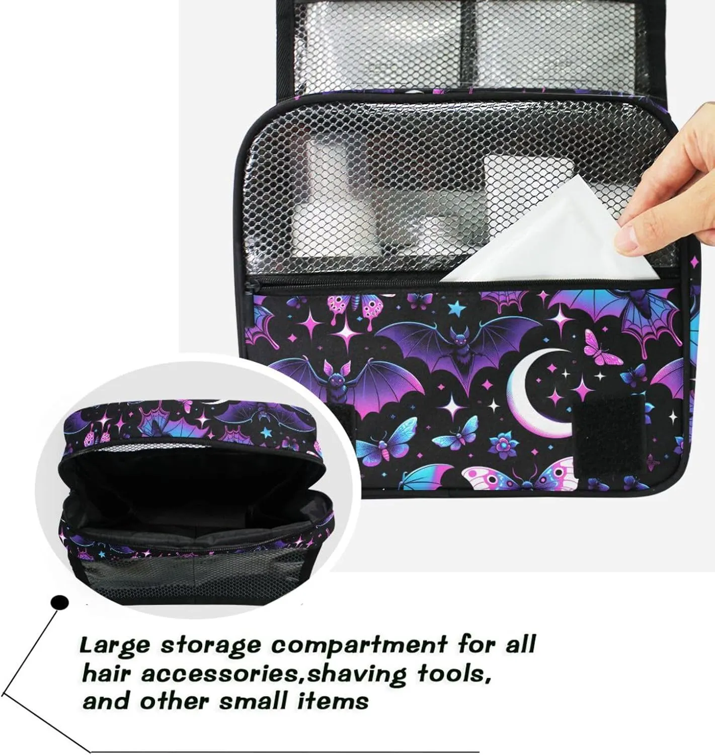 MNSRUU Hanging Toiletry Bag Neon Purple and Bats Stars and Moons Travel Makeup bag for Toiletries Portable Travel Toiletry Organizer Cosmetic Bags with Hanging Hook