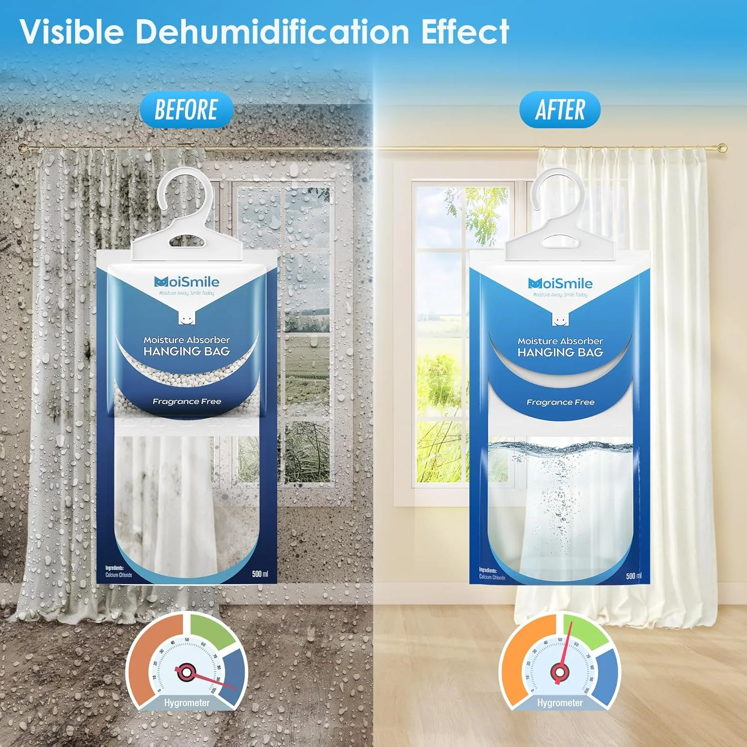 Moisture Absorbers Bag, Hanging Closet Dehumidifier Bags for Car, Bathrooms, Humidity Packs with Fragrance Free, 9.8OZ, 5 Pack